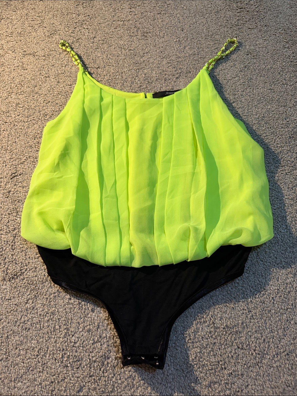 Neon Lime Chiffon Pleated Bodysuit with Braided Straps